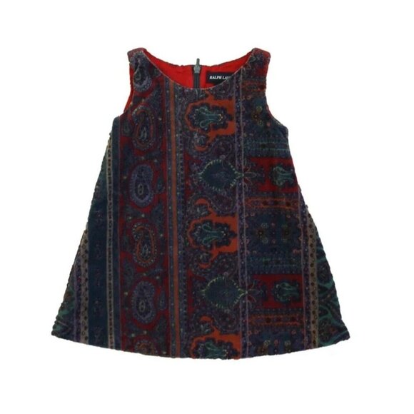 NEW! Ralph Lauren Baby Girls Velvet Paisley Print Dress Red Purple SZ 12 M - Picture 1 of 6